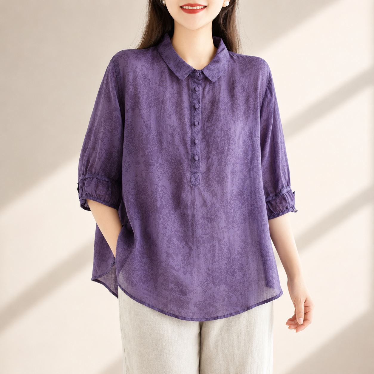 Women's Cotton Linen Oversized Collared Button-Up Blouse in Purple – front view | Hensley London