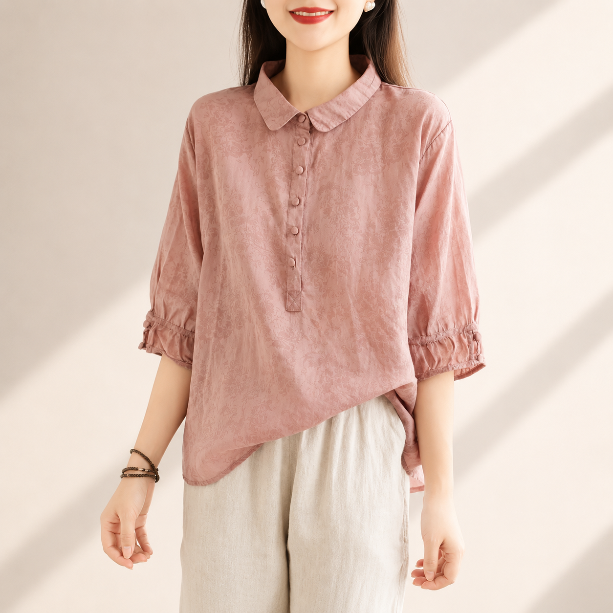 Women's Cotton Linen Oversized Collared Button-Up Blouse in Pink – front view | Hensley London