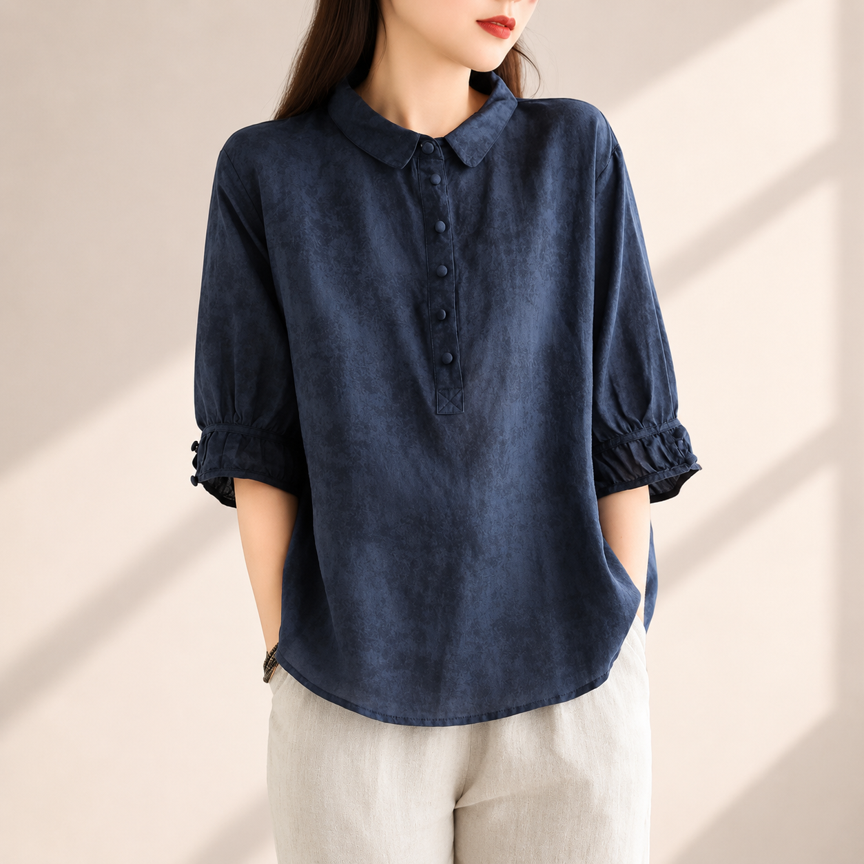 Women's Cotton Linen Oversized Collared Button-Up Blouse in Navy – front view | Hensley London