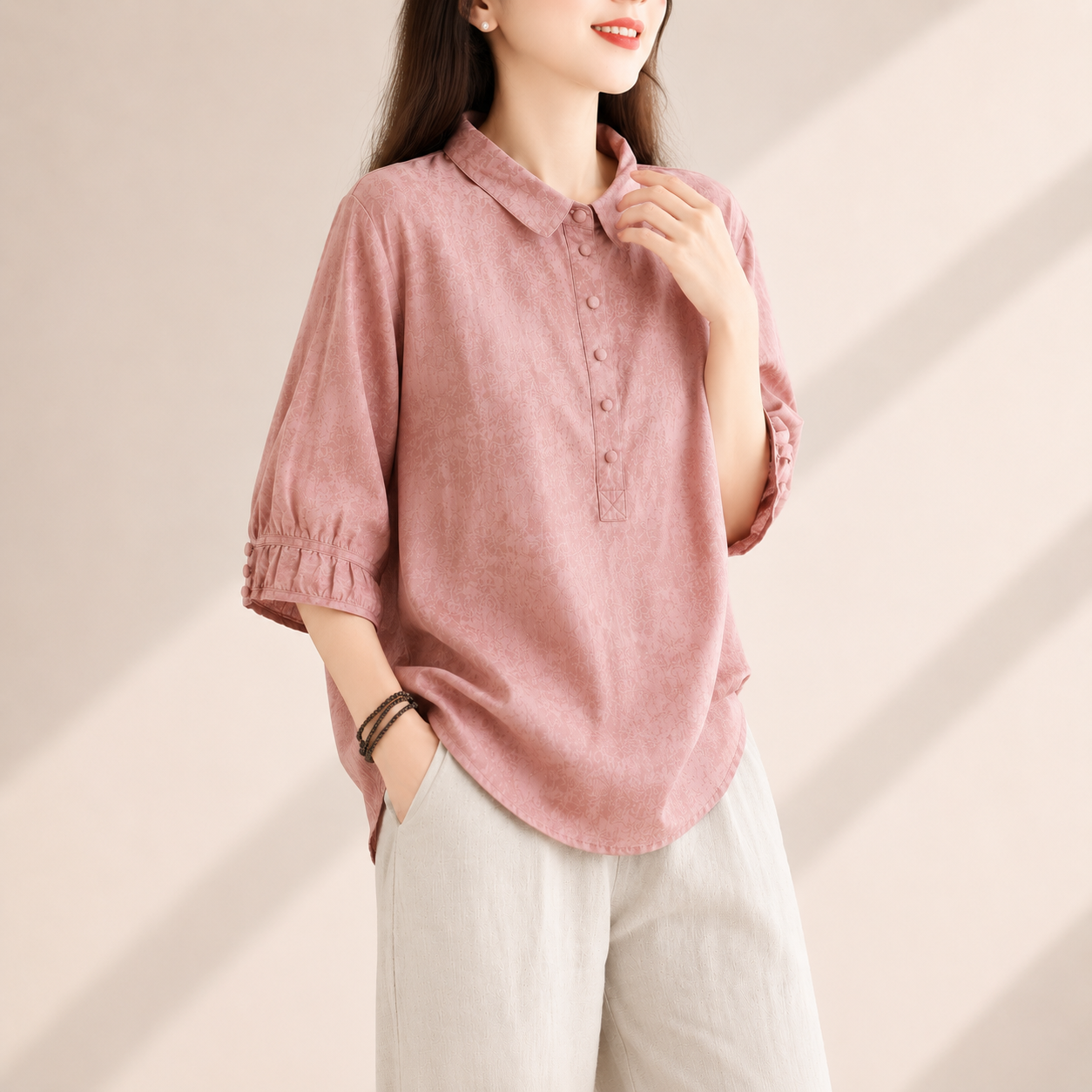 Women's Cotton Linen Oversized Collared Button-Up Blouse – styled detail view | Hensley London