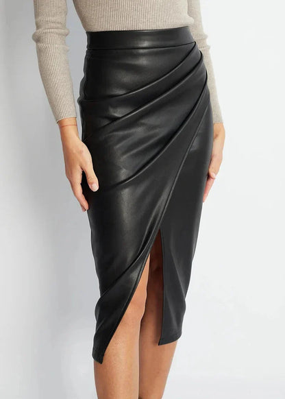 Women's Faux Leather Draped Midi Skirt in Black – front view | Hensley London