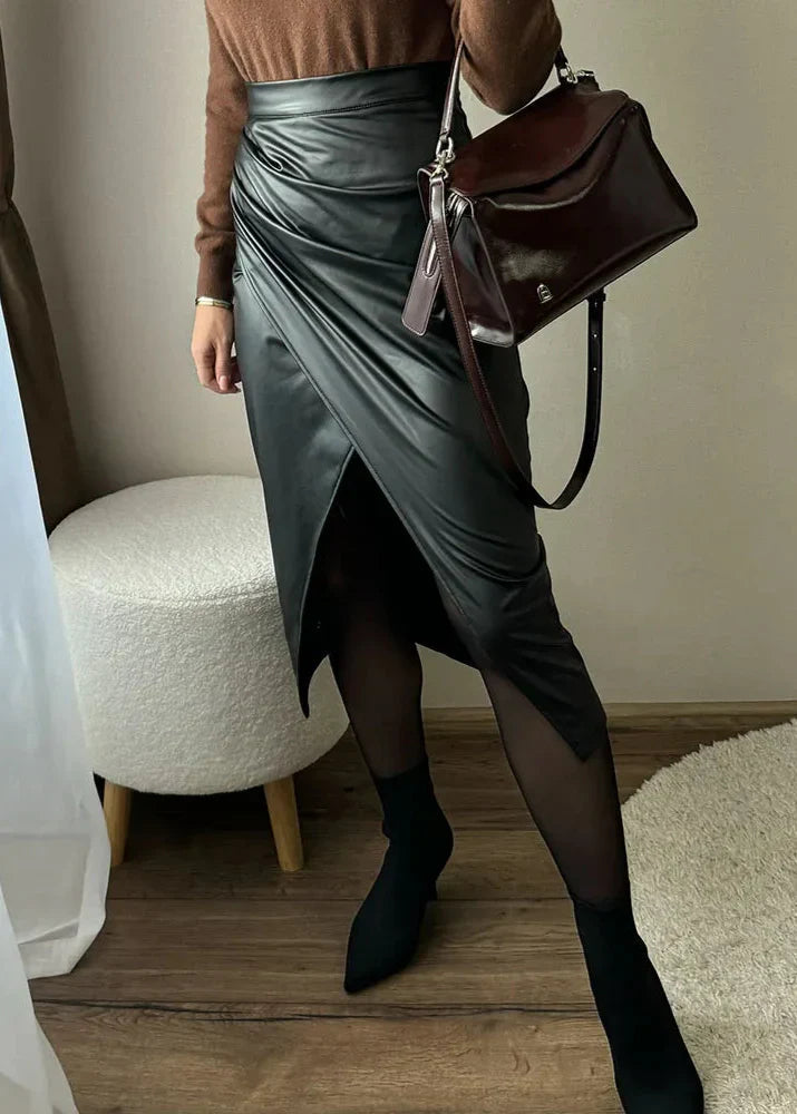 Women's Faux Leather Draped Midi Skirt in Black – back view | Hensley London