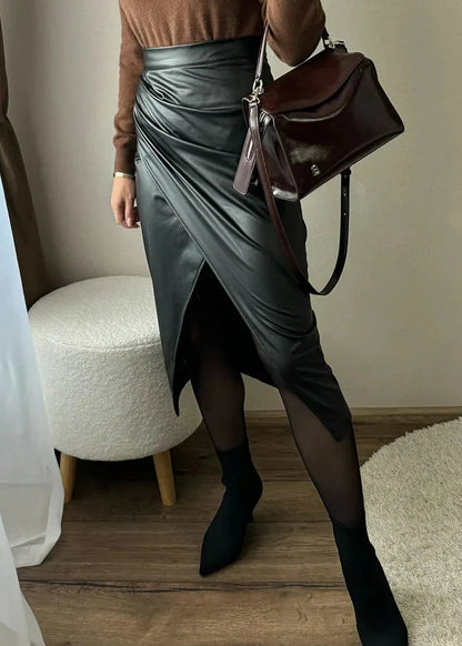 Women's Faux Leather Draped Midi Skirt in Black – back view | Hensley London