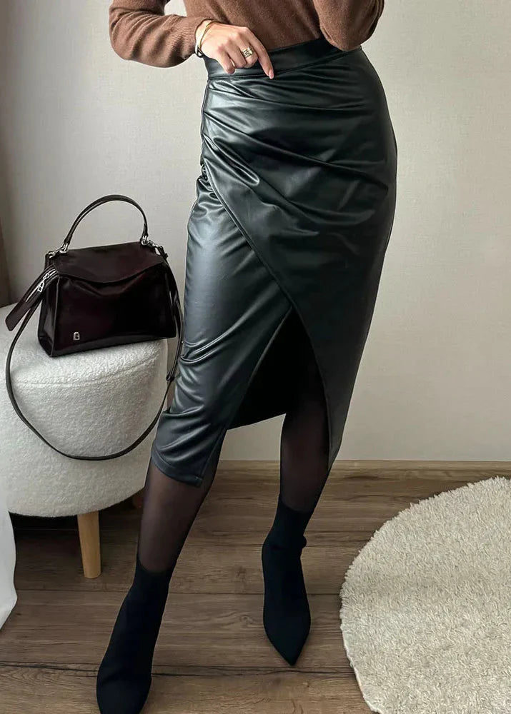 Women's Faux Leather Draped Midi Skirt in Beige – front view | Hensley London