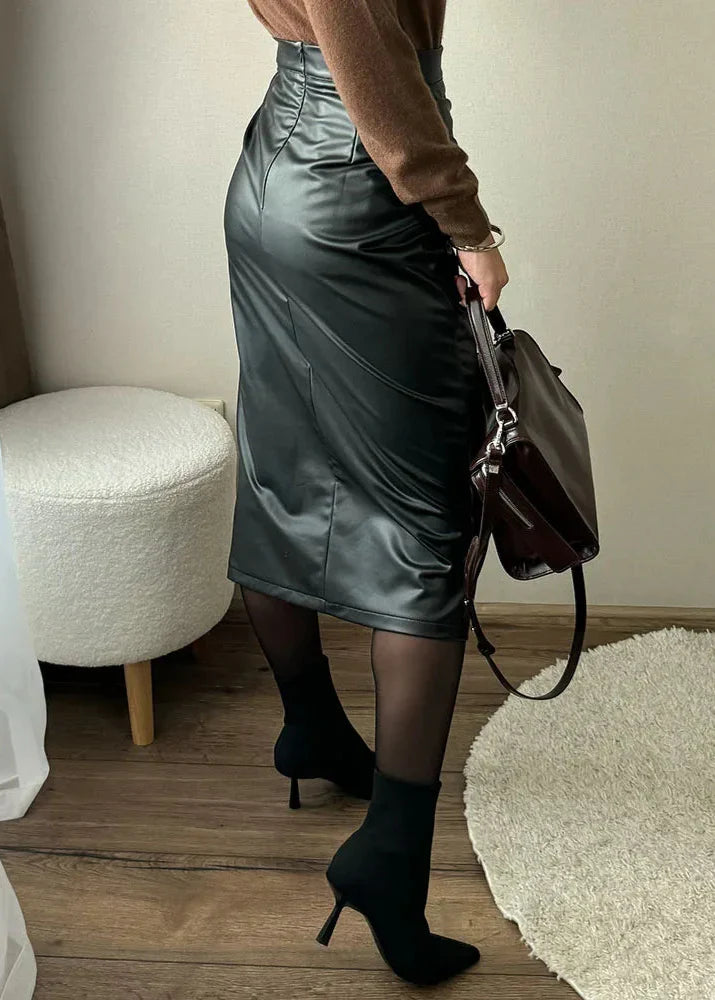 Women's Faux Leather Draped Midi Skirt in Beige – side view | Hensley London
