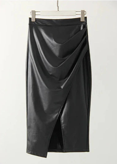Women's Faux Leather Draped Midi Skirt in Beige – back view | Hensley London