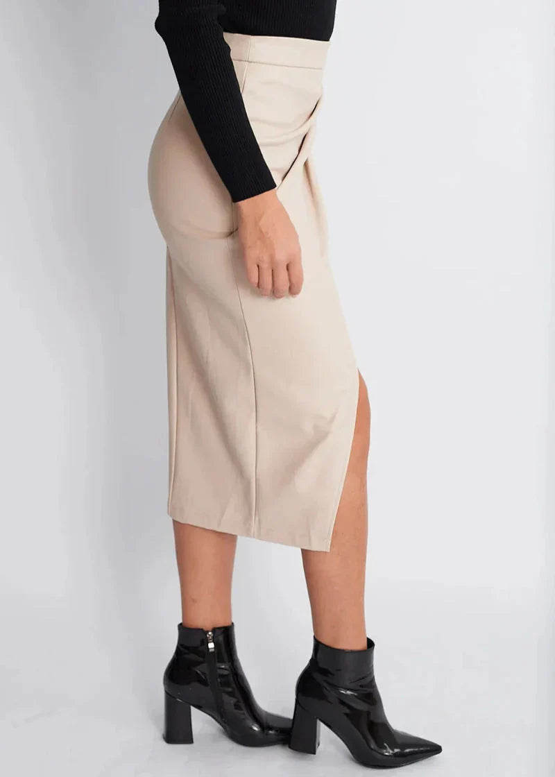 Women's Faux Leather Draped Midi Skirt in Brown – front view | Hensley London