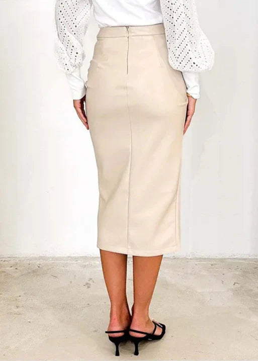 Women's Faux Leather Draped Midi Skirt in Brown – back view | Hensley London