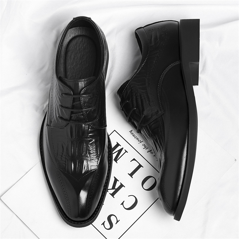 Men's Embossed Wingtip Lace-Up Dress Shoes in Black – top and side pair view | Hensley London