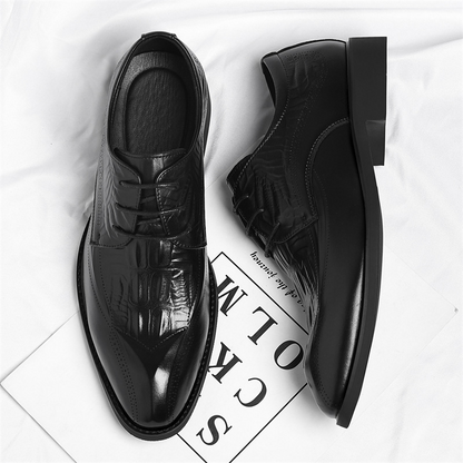 Men's Embossed Wingtip Lace-Up Dress Shoes in Black – top and side pair view | Hensley London