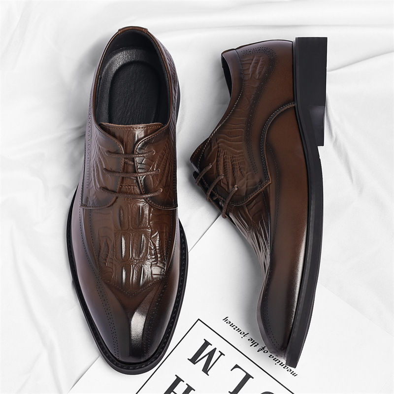 Men's Embossed Wingtip Lace-Up Dress Shoes in Brown – top and side pair view | Hensley London
