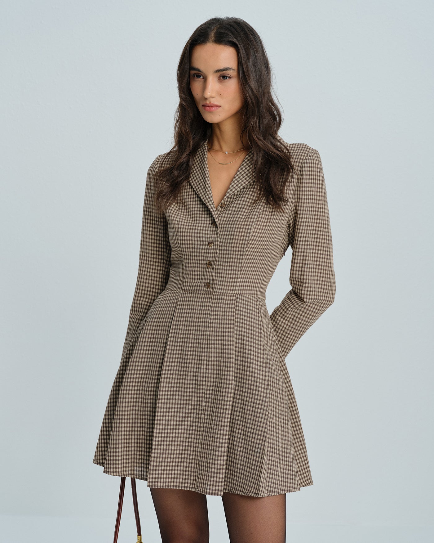 Women's Mini Dress Brown Cotton Plaid Collared A-Line - 1