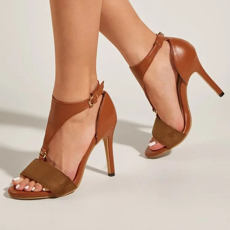 Women's Faux Leather Open-Toe Buckle Strap Heels - product view | Hensley London