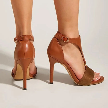 Women's Faux Leather Open-Toe Buckle Strap Heels - product view | Hensley London