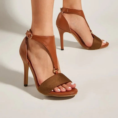 Women's Faux Leather Open-Toe Buckle Strap Heels - product view | Hensley London