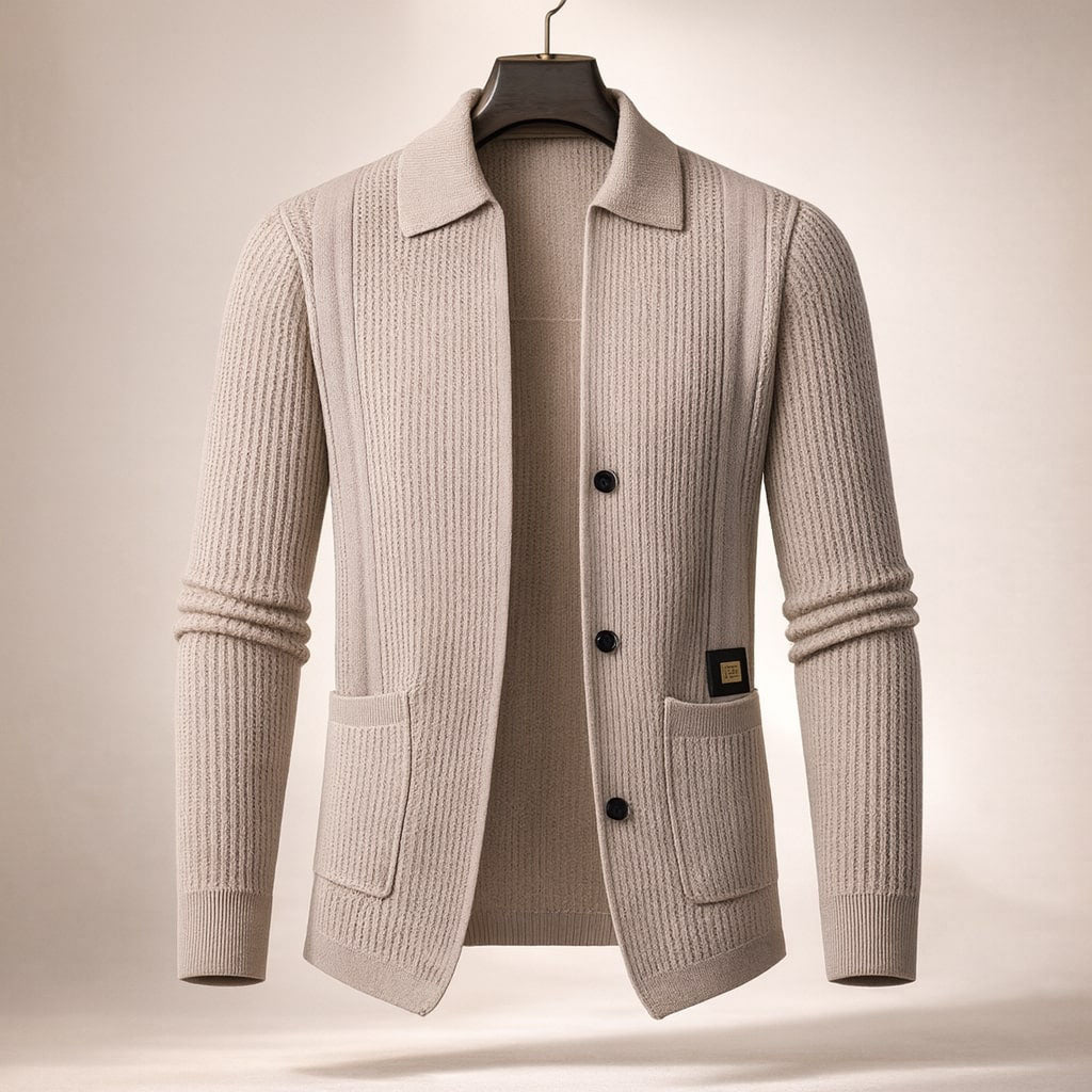 Men's Textured Button-Front Cardigan in Khaki – front view | Hensley London