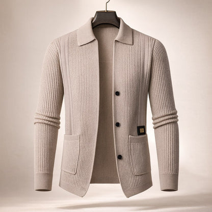 Men's Textured Button-Front Cardigan in Khaki – front view | Hensley London