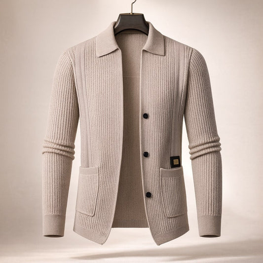 Men's Textured Button-Front Cardigan in Khaki – front view | Hensley London