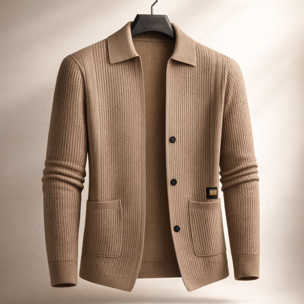 Men's Textured Button-Front Cardigan in Brown – front view | Hensley London