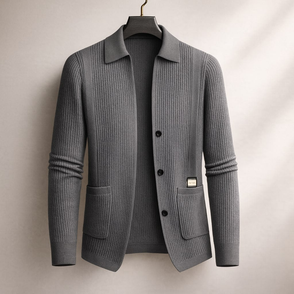 Men's Textured Button-Front Cardigan in Gray – front view | Hensley London