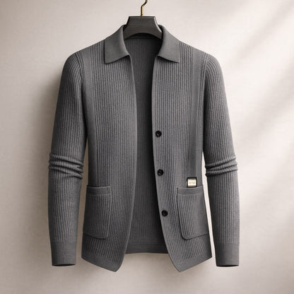 Men's Textured Button-Front Cardigan in Gray – front view | Hensley London