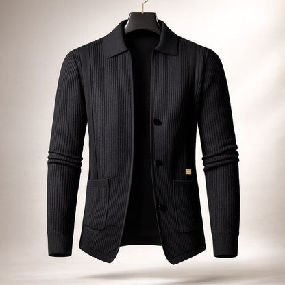 Men's Textured Button-Front Cardigan in Black – front view | Hensley London