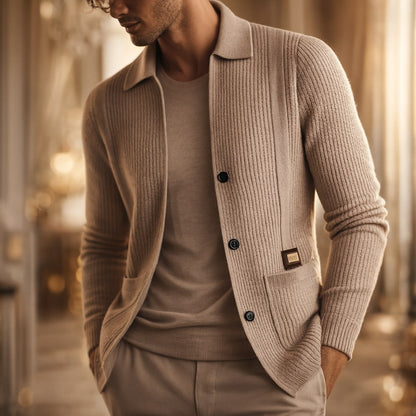 Men's Textured Button-Front Cardigan – collar and button detail | Hensley London