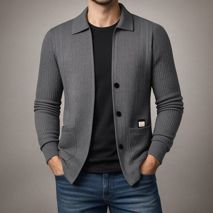 Men's Textured Button-Front Cardigan – knit fabric detail | Hensley London