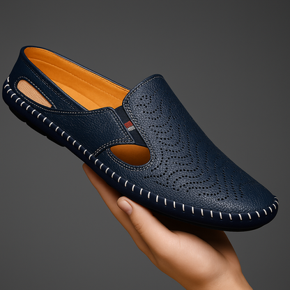 Men's Leather Fisherman Sandals in Navy – front view | Hensley London