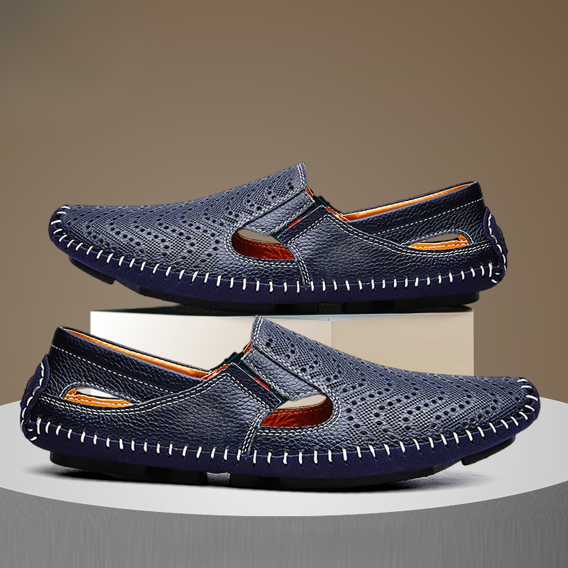Men's Leather Fisherman Sandals in Navy – side view | Hensley London