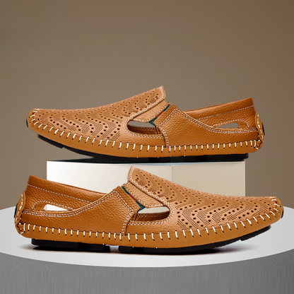 Men's Leather Fisherman Sandals in Tan – front view | Hensley London