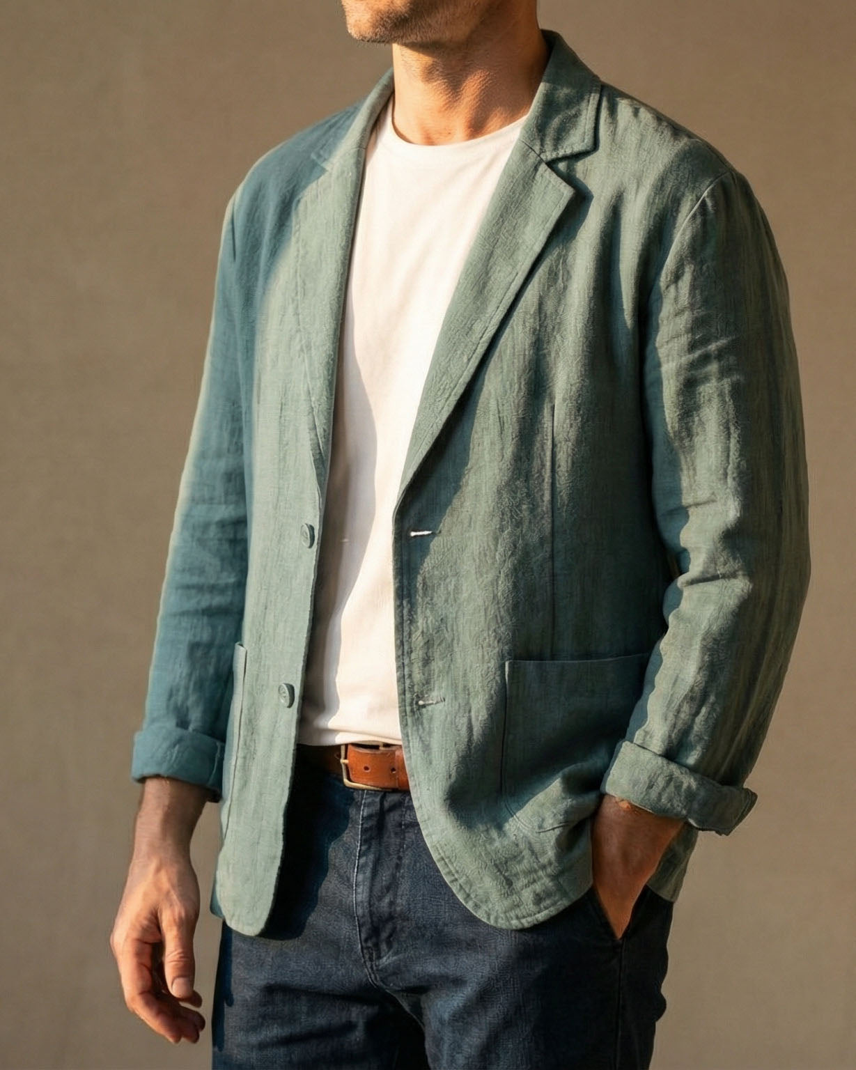 Men's Linen Two-Button Blazer - detail view | Hensley London