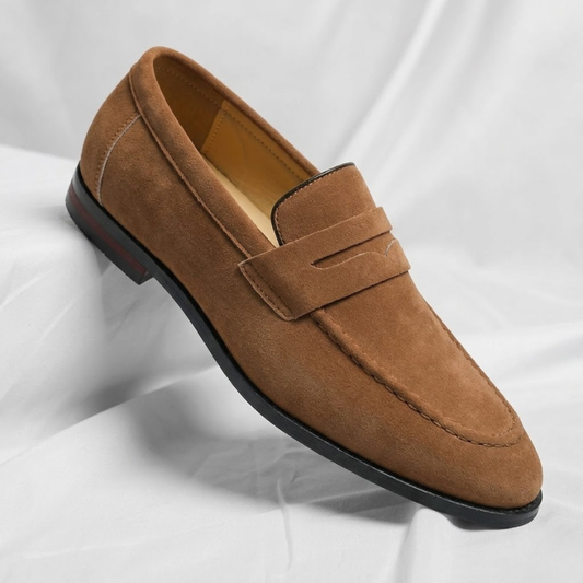 Men's Lustrous Suede Penny Loafers – front view | Hensley London