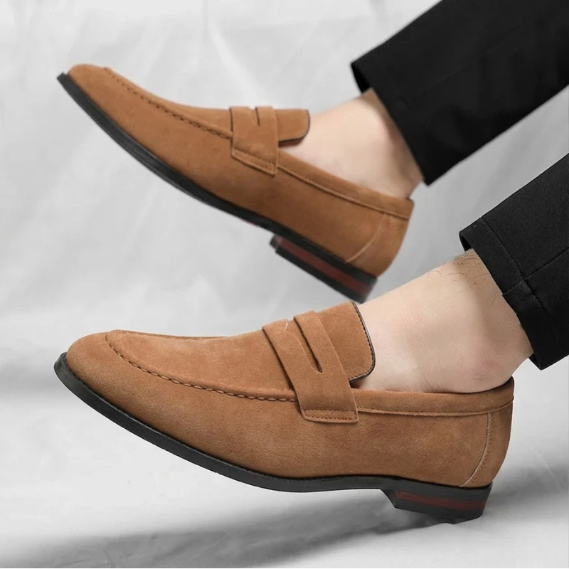 Men's Lustrous Suede Penny Loafers – side view | Hensley London