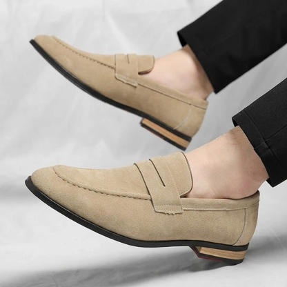 Men's Lustrous Suede Penny Loafers – back view | Hensley London