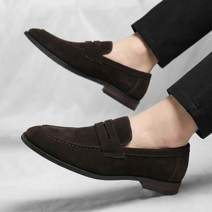 Men's Lustrous Suede Penny Loafers – angle view | Hensley London