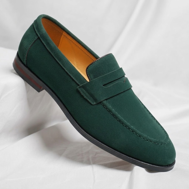 Men's Lustrous Suede Penny Loafers – close-up view | Hensley London