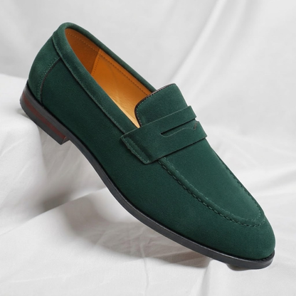 Men's Lustrous Suede Penny Loafers – close-up view | Hensley London