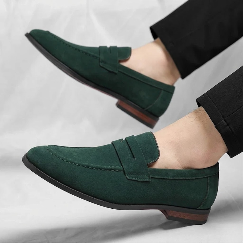 Men's Lustrous Suede Penny Loafers – lifestyle view | Hensley London