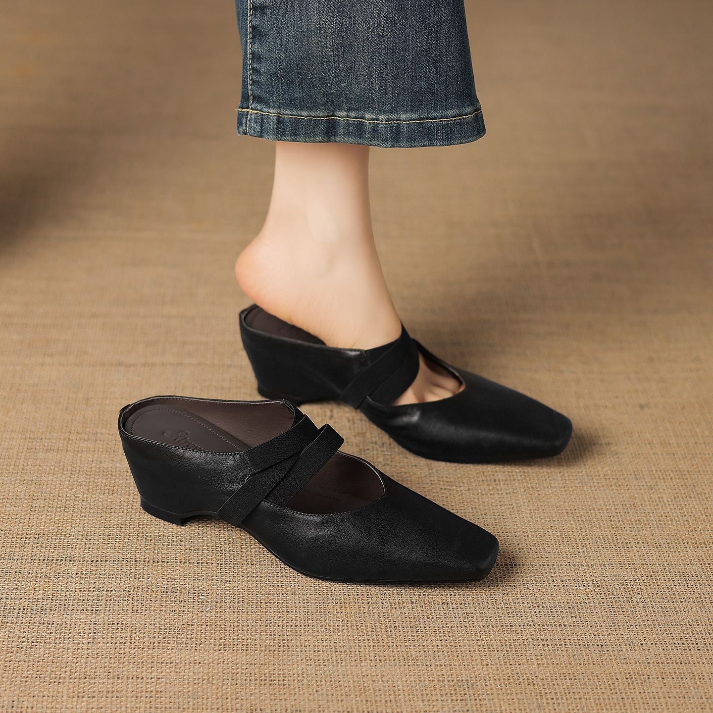 Women's Genuine Leather Square-Toe Mules – product view | Hensley London