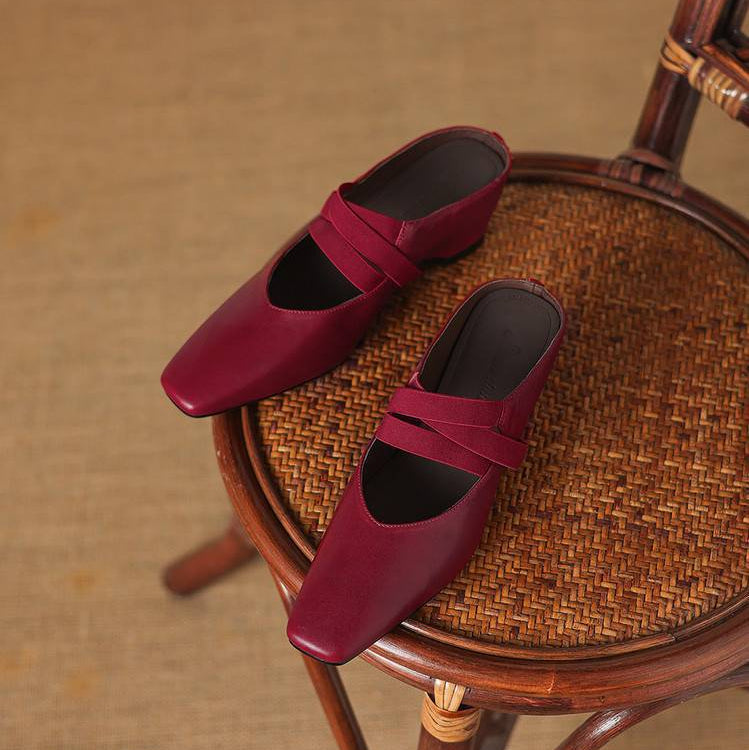 Women's Genuine Leather Square-Toe Mules – product view | Hensley London