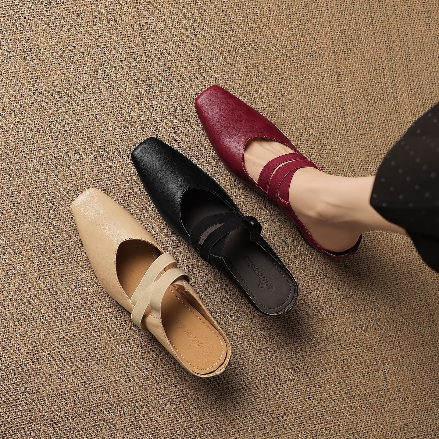 Women's Genuine Leather Square-Toe Mules – product view | Hensley London
