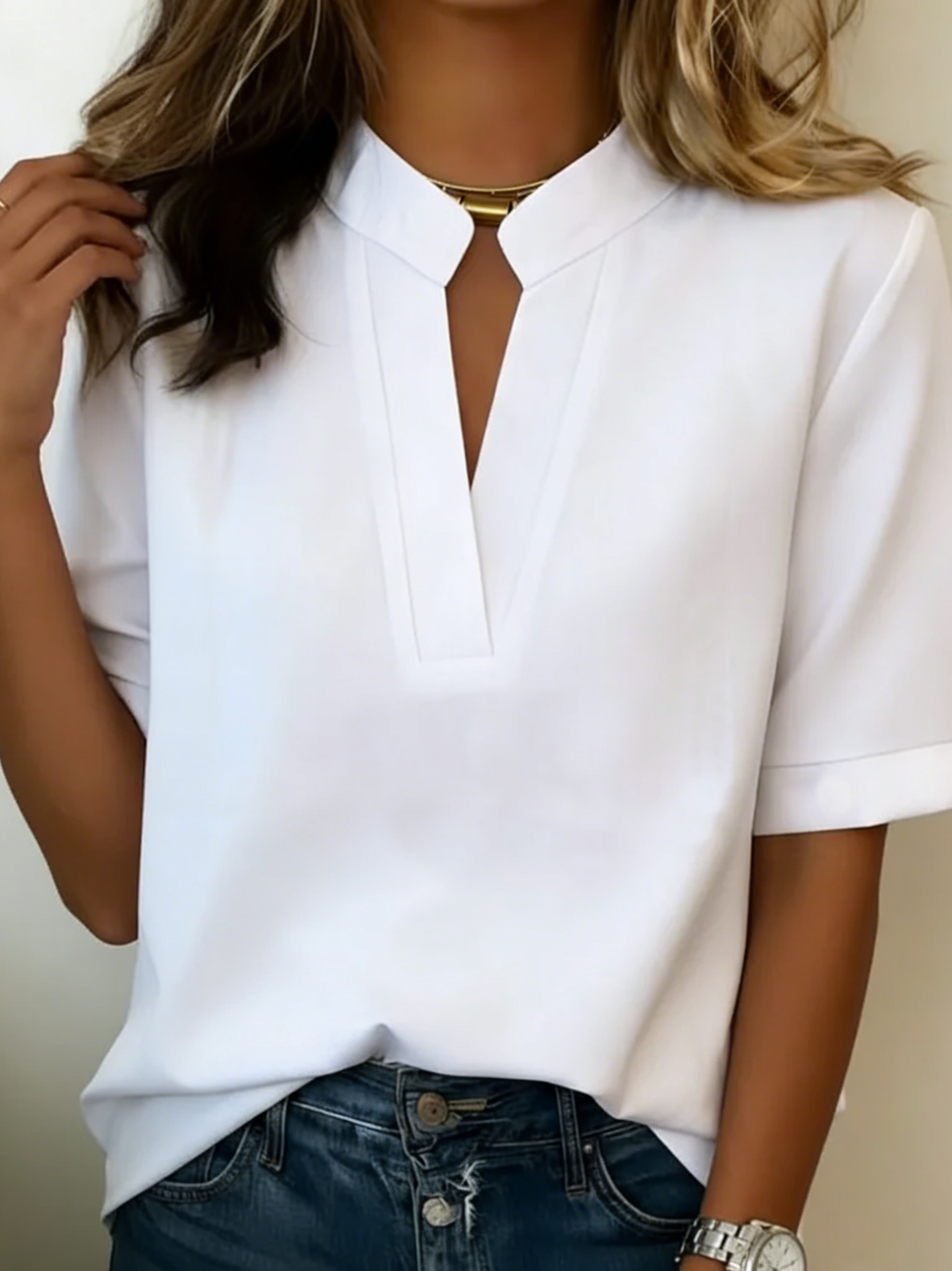 Women's V-Neck Blouse with Gold-Button Detail in White – front view | Hensley London