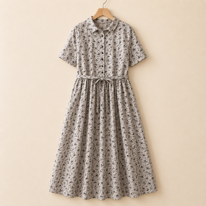 Women's Cotton Linen Floral Button-Front Midi Dress in Floral Print – side view | Hensley London