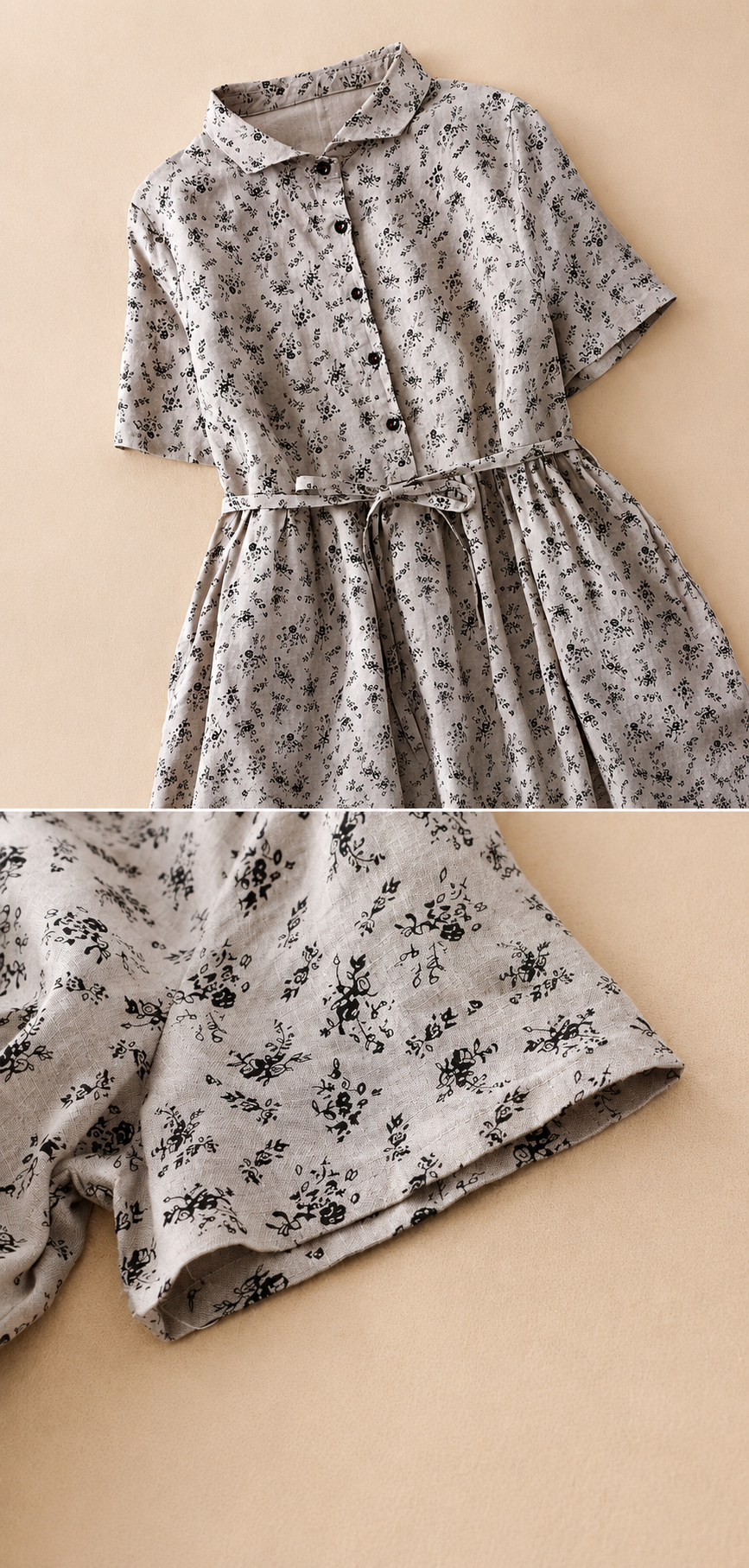 Women's Cotton Linen Floral Button-Front Midi Dress in Floral Print – close-up view | Hensley London