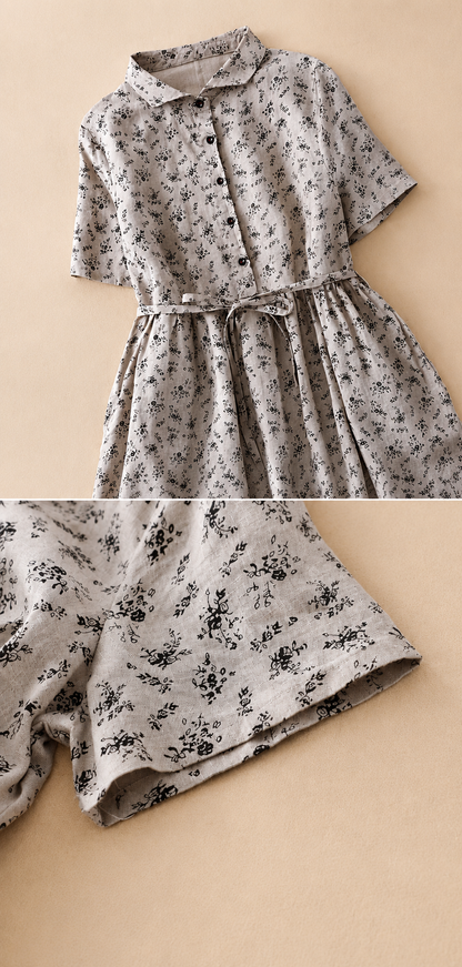 Women's Cotton Linen Floral Button-Front Midi Dress in Floral Print – close-up view | Hensley London