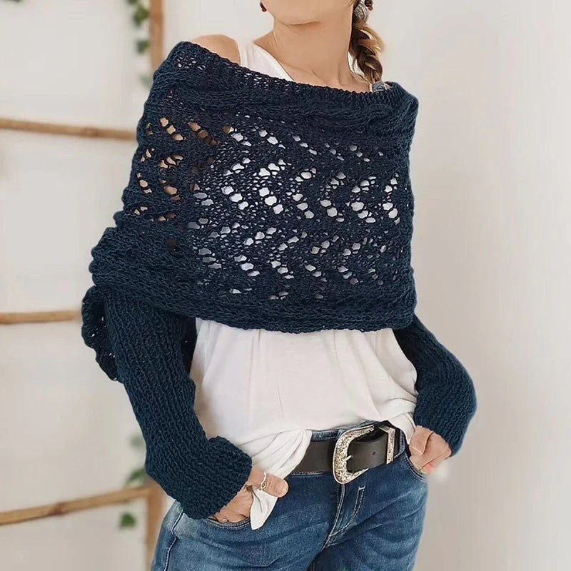 Women's Openwork Knit Wrap with Extended Sleeves in Navy – product view 3 | Hensley London