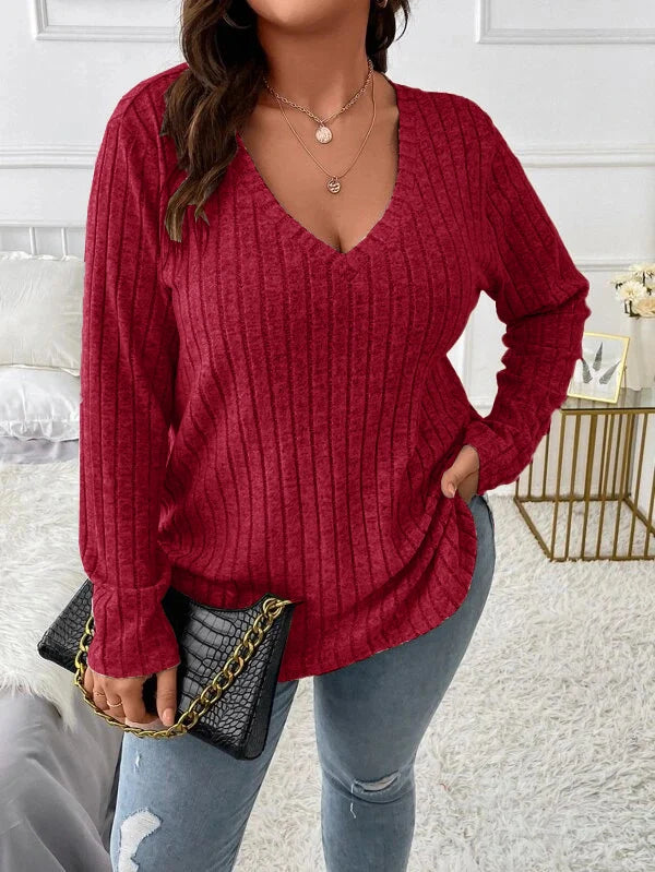 Women's Ribbed V-Neck Long-Sleeve Pullover Top in Claret – Product view | Hensley London