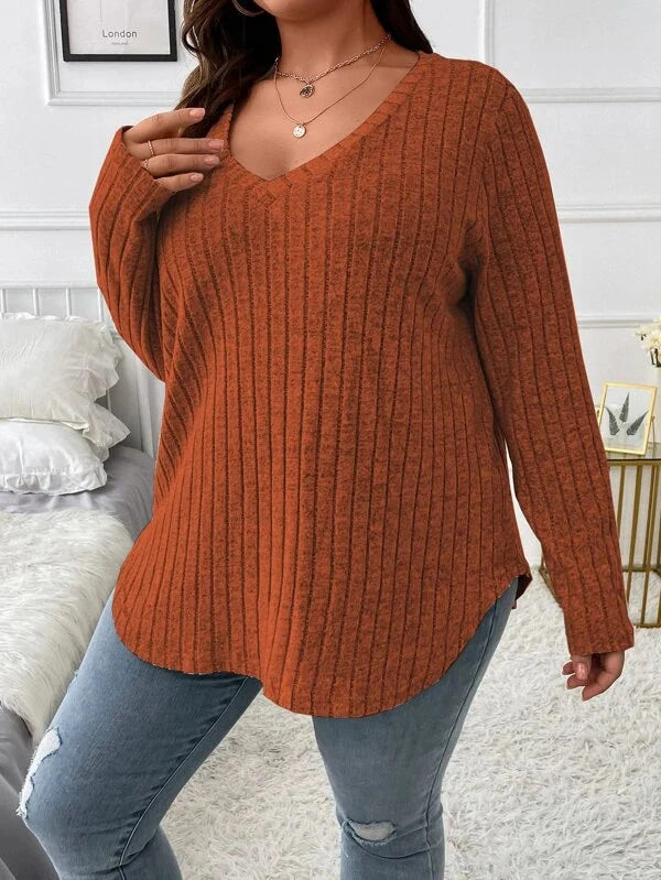 Women's Ribbed V-Neck Long-Sleeve Pullover Top in Caramel – Product view | Hensley London
