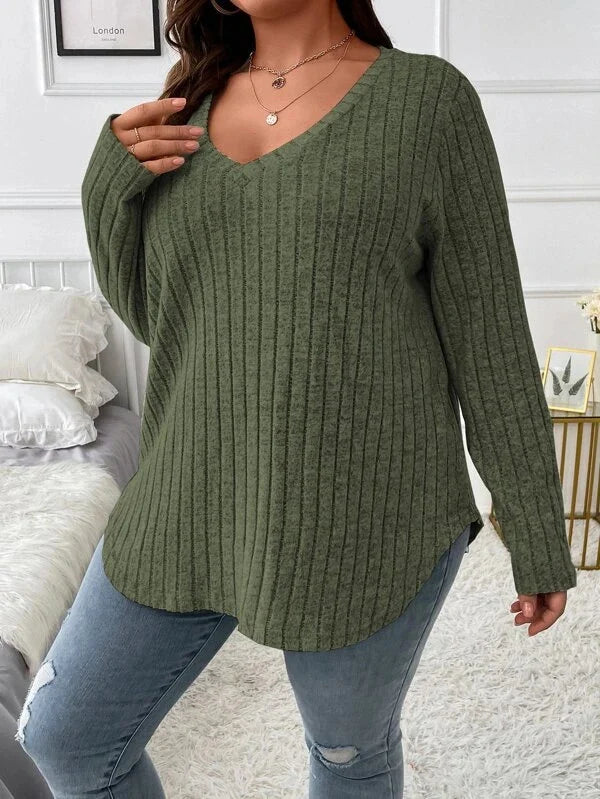 Women's Ribbed V-Neck Long-Sleeve Pullover Top in Army Green – Product view | Hensley London